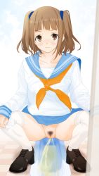 Rule 34 | 1girl, angry, bathroom, black footwear, blue skirt, blush, brown eyes, brown hair, collarbone, dedenden (pixiv30568724), hands on own knees, highres, holding, long hair, long sleeves, looking at viewer, neckerchief, no panties, orange neckerchief, peeing, pubic hair, pussy, school uniform, shirt, shoes, skirt, squat toilet, squatting, thighhighs, toilet, toilet paper, toilet use, twintails, uncensored, white shirt, white thighhighs