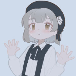 Rule 34 | 1girl, absurdres, beret, black bow, black bowtie, black hat, blush, bow, bowtie, brown eyes, collared shirt, flower, grey hair, hands up, hat, hatoba tsugu, highres, jdge, looking at viewer, parted lips, rose, shirt, short hair, simple background, sketch, solo, suspenders, tsugu (vtuber), upper body, virtual youtuber, white flower, white rose, white shirt