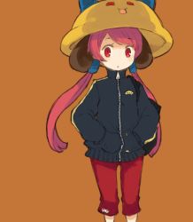 Rule 34 | 1girl, bag, female focus, hands in pockets, hat, jacket, mota, pants, pink hair, red eyes, simple background, solo, space invaders, space invaders extreme 2, twintails, ufo-co