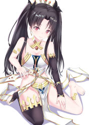 Rule 34 | 1girl, absurdres, anklet, armlet, asymmetrical legwear, asymmetrical sleeves, bad id, bad pixiv id, bare arms, bare legs, bare shoulders, barefoot, black detached sleeves, black hair, black ribbon, black thighhighs, blush, breasts, cleavage, collarbone, crown, detached sleeves, earrings, fate/grand order, fate (series), feet, female focus, full body, gatari, gem, groin, hair ribbon, hand on leg, hand on thigh, highres, holding, holding weapon, hoop earrings, ishtar (fate), jewelry, legs, long hair, looking at viewer, medium breasts, neck, neck ring, pelvic curtain, red eyes, revealing clothes, ribbon, shadow, simple background, single sleeve, single thighhigh, sitting, smile, soles, solo, strapless, thighhighs, thighlet, thighs, tohsaka rin, twintails, type-moon, uneven legwear, uneven sleeves, wariza, weapon, white background