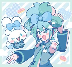 Rule 34 | 1girl, absurdres, aqua hair, bare shoulders, blue bow, blue eyes, blue hair, blush, bow, cinnamiku, cinnamon roll, cinnamoroll, cloud, crossover, detached sleeves, dot nose, ear bow, folded twintails, green background, green hair, hair bow, hatsune miku, headphones, heart, highres, long hair, loveycloud, necktie, one eye closed, open mouth, patterned background, sanrio, striped, striped background, tied ears, updo, very long hair, vocaloid