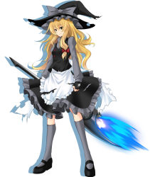 Rule 34 | 1girl, apron, black footwear, black gloves, black hat, black skirt, blonde hair, bow, brown eyes, closed mouth, fingerless gloves, frilled apron, frills, full body, gloves, grey bow, grey shirt, grey socks, hair between eyes, hat, hat bow, highres, kirisame marisa, kneehighs, layered skirt, long hair, long sleeves, mary janes, medium skirt, red bow, shirt, shoes, simple background, skirt, socks, solo, standing, tachi-e, torn apron, torn clothes, touhou, very long hair, waist apron, white apron, white background, witch hat, yustinos