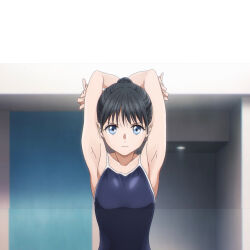 Rule 34 | 1girl, akebi-chan no serafuku, akebi komichi, alternate hairstyle, armpits, arms behind head, arms up, black hair, blue eyes, blue one-piece swimsuit, breasts, competition school swimsuit, competition swimsuit, female focus, one-piece swimsuit, ponytail, school swimsuit, shirt, small breasts, standing, stitched, swimsuit, third-party edit