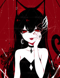 Rule 34 | 1girl, :d, animal ears, artist name, bad id, bad pixiv id, bare arms, bare shoulders, black choker, black dress, black hair, cat ears, choker, collarbone, commentary, cross, cross choker, dress, hair between eyes, hand up, highres, looking at viewer, nail polish, open mouth, original, red background, red eyes, red nails, sheya, signature, simple background, smile, solo, strapless, strapless dress, symbol-only commentary, upper body