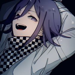Rule 34 | 1boy, akahito (akaironotanin), arms behind head, black background, checkered clothes, checkered scarf, commentary request, danganronpa (series), danganronpa v3: killing harmony, hair between eyes, highres, leaning back, looking at viewer, male focus, muted color, oma kokichi, purple eyes, purple hair, scarf, shirt, short hair, sidelocks, simple background, solo, upper body, white shirt