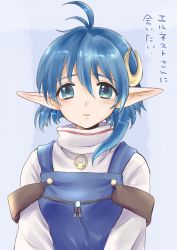 Rule 34 | 1girl, ahoge, blue eyes, blue hair, blush, cape, closed mouth, crescent, crescent hair ornament, hair ornament, higemaccho, highres, hood, jewelry, looking at viewer, pointy ears, red cape, rena lanford, short hair, simple background, smile, solo, star ocean, star ocean the second story