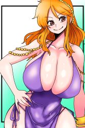 Rule 34 | 1girl, alternate costume, aqua background, artist request, breasts, cleavage, curvy, dress, hand on own hip, highres, huge breasts, long dress, long hair, nami (one piece), nami (one piece) (post-timeskip), nami (one piece) (zou), official alternate costume, one piece, orange hair, purple dress, revealing clothes, shiny skin, short dress, smile, very long hair, wide hips