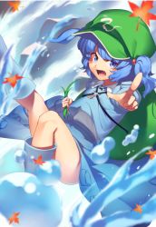 Rule 34 | 1girl, arm up, autumn leaves, bag, blue eyes, blue footwear, blue hair, blue shirt, blue skirt, blue sleeves, blush, boots, collar, eyes visible through hair, flying, green bag, green hat, hands up, hat, kaiza (rider000), kawashiro nitori, key, leaf, long sleeves, looking at viewer, open mouth, plant, pointing, pointing at viewer, river, rock, shirt, short hair, short twintails, skirt, solo, touhou, twintails, water, white collar