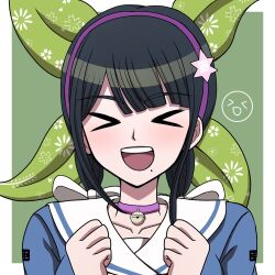 Rule 34 | &gt;o&lt;, 1girl, :d, bell, border, chabashira tenko, choker, clenched hands, collarbone, danganronpa (series), danganronpa v3: killing harmony, green background, hands up, highres, long sleeves, mole, mole under mouth, neck bell, open mouth, pink choker, sailor collar, smile, solo, suiren yurei, teeth, upper teeth only, white border, white sailor collar