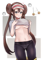 Rule 34 | 1girl, :o, ?, afterimage, black pantyhose, blue eyes, blush, breasts, breasts apart, brown hair, cla (finesoda), clothes lift, clothes pull, coin, creatures (company), crotch seam, double bun, empty eyes, game freak, gluteal fold, grey shirt, hair bun, hat, heart, heart-shaped pupils, heavy breathing, highres, holed coin, hypnosis, lifted by self, long hair, mind control, motion lines, navel, nintendo, no bra, open mouth, panties, panties under pantyhose, pantyhose, pendulum, pokemon, pokemon bw2, rosa (pokemon), shirt, shirt lift, short sleeves, sidelocks, small breasts, solo, speech bubble, spoken question mark, stomach, symbol-shaped pupils, twintails, two-tone background, underboob, underwear, very long hair, visor cap, white hat