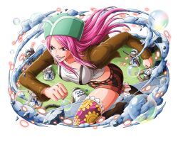 Rule 34 | 1girl, 6+boys, bubble, green headwear, grin, hat, jewelry bonney, long hair, multiple boys, official art, one piece, one piece treasure cruise, pink hair, running, smile, thighhighs