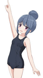 Rule 34 | 1girl, bad id, bad twitter id, black one-piece swimsuit, blue hair, breasts, cowboy shot, hair bun, highres, long hair, looking at viewer, one-piece swimsuit, pointing, pointing up, purple eyes, school swimsuit, shima rin, simple background, single hair bun, small breasts, solo, standing, swimsuit, takasuma hiro, white background, yurucamp