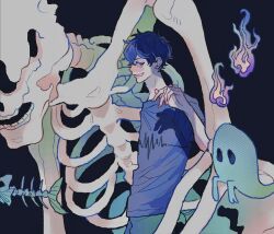 Rule 34 | 1boy, alternate costume, alternate eye color, alternate hair color, black background, blue eyes, blue hair, blue shirt, cardiogram print, commentary request, cowboy shot, fish skeleton, from side, gashadokuro, ghost, giant skeleton, grin, half-closed eyes, hand up, highres, hitodama, jack-o&#039; ran-tan, looking at viewer, looking to the side, m (miya217), male focus, napoli no otokotachi, print shirt, shadow, shirt, short hair, short sleeves, simple background, smile, solo, traditional youkai