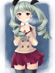 Rule 34 | 10s, 1girl, alternate costume, anchovy (girls und panzer), anchovy (girls und panzer), bad id, bad pixiv id, bandages, bandaged fingers, bandages, blazer, blush, bow, brown eyes, cowboy shot, drill hair, gift, girls und panzer, green hair, hair bow, hands on own chest, heart, highres, holding, injury, jacket, long hair, looking at viewer, nksk, pleated skirt, red skirt, school uniform, skirt, smile, solo, thighhighs, twin drills, valentine, wind, zettai ryouiki