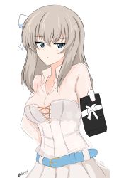 Rule 34 | 1girl, absurdres, aikir (jml5160), arm behind back, belt, blue belt, blue eyes, blush, bow, breasts, casual, cleavage, closed mouth, collared dress, commentary, dress, gift, girls und panzer, hair bow, half-closed eyes, highres, holding, holding gift, itsumi erika, light blush, light frown, long sleeves, looking at viewer, medium breasts, medium hair, one-hour drawing challenge, see-through, short dress, silver hair, solo, standing, tsundere, twitter username, white bow, white dress