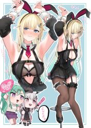 Rule 34 | 3girls, absurdres, aizawa ema, animal ears, aqua hair, armpits, arms up, arurire, asumi sena, asymmetrical legwear, bar stool, blonde hair, blue eyes, blunt bangs, blush, border, breasts, center opening, chibi, cleavage, closed mouth, collar, commission, cosplay, cross-laced clothes, detached sleeves, dress, earrings, embarrassed, english text, flower, frilled collar, frills, glowstick, gradient hair, hair flaps, hair flower, hair ornament, hairclip, hand fan, heart, heart earrings, heart in eye, highres, jewelry, large breasts, long hair, looking at viewer, multicolored hair, multiple girls, necktie, open mouth, parted bangs, pink necktie, pleated dress, rabbit ears, rabbit pose, ring, short necktie, shoulder strap, simple background, single leg pantyhose, skeb commission, skirt, stool, sweat, symbol in eye, thighs, translation request, underboob, very long hair, virtual youtuber, vspo!, white border, wrist cuffs, yakumo beni, yakumo beni (2nd costume), yakumo beni (3rd costume), yakumo beni (cosplay)