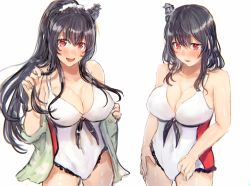 Rule 34 | 2girls, :d, alternate costume, alternate hairstyle, bare shoulders, black hair, blush, breasts, cleavage, fusou (kancolle), hair ornament, hair scrunchie, highres, kantai collection, large breasts, long hair, miyako (rgrayt), multiple girls, one-piece swimsuit, open mouth, ponytail, red eyes, scrunchie, short hair, simple background, smile, swimsuit, white background, white scrunchie, yamashiro (kancolle)