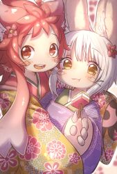 Rule 34 | 1girl, 1other, :3, animal ears, bandam, china dress, chinese clothes, commentary request, dress, furry, furry female, highres, long hair, looking at viewer, made in abyss, mitty (made in abyss) (furry), nanachi (made in abyss), open mouth, red eyes, red hair, simple background, smile, whiskers, white hair, yellow eyes