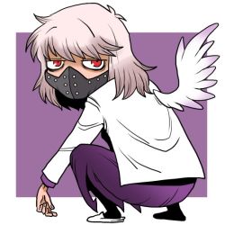 Rule 34 | 1girl, from side, full body, jitome, kishin sagume, looking at viewer, looking back, mask, onikobe rin, outside border, purple background, red eyes, shoes, simple background, single shoe, single wing, slav squatting, slippers, solo, squatting, touhou, wings