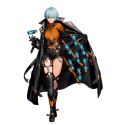 Rule 34 | 1girl, belt, black footwear, black gloves, black legwear, black shorts, black survival, blue hair, breasts, celine marie noel, coat, coat stash, ddollydonut, dog tags, full body, gloves, hair between eyes, highres, holding, large breasts, long sleeves, looking at viewer, official alternate costume, official art, open clothes, open coat, ribbed shirt, shirt, short hair, shorts, solo, thigh strap, transparent background, trench coat, turtleneck, yellow eyes