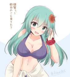 Rule 34 | 1girl, bikini, breasts, cleavage, collarbone, cowboy shot, flower, hair flower, hair ornament, hairclip, hibiscus, kantai collection, large breasts, leaning forward, long hair, looking at viewer, purple bikini, sarong, shizuna kaede, solo, suzuya (kancolle), swimsuit, translation request, twitter username, two-tone background, white sarong