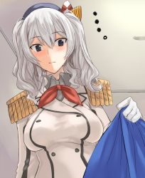 Rule 34 | ..., 10s, 1girl, bad id, bad twitter id, blanket, blue eyes, blush, breasts, epaulettes, from below, gloves, grey hair, hat, kantai collection, kashima (kancolle), kerchief, large breasts, lifting covers, looking down, ogros, solo, tsurime, twintails, wavy hair, white gloves