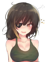 Rule 34 | 1girl, :d, bare shoulders, blush, braid, breasts, brown eyes, brown hair, cleavage, collarbone, drooling, drunk, eyepatch, girls&#039; frontline, gradient hair, green tank top, hair between eyes, highres, large breasts, light brown hair, long hair, looking at viewer, looking away, looking down, m16a1 (girls&#039; frontline), meow nyang, messy hair, multicolored hair, open mouth, saliva, simple background, smile, solo, squeans, streaked hair, tank top, upper body, white background