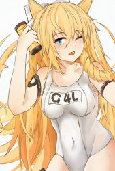 Rule 34 | 1girl, animal ears, blonde hair, blue eyes, blush, breasts, character name, collarbone, competition swimsuit, covered navel, g41 (beach punk 2064) (girls&#039; frontline), g41 (girls&#039; frontline), girls&#039; frontline, highres, holding, long hair, looking at viewer, medium breasts, official alternate costume, one-piece swimsuit, one eye closed, open mouth, solo, swimsuit, umber00, upper body, white background, white one-piece swimsuit