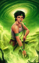 Rule 34 | 1girl, belt, between breasts, beyond good and evil, black hair, breasts, cleavage, epic, green eyes, green lips, green pants, green theme, headband, jade, jewelry, lipstick, makeup, midriff, navel, necklace, pants, realistic, short hair, solo, staff, strap between breasts, tank top, weapon