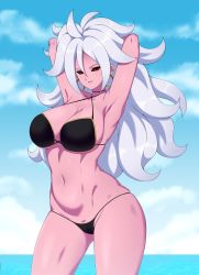 Rule 34 | 1girl, android 21, armpits, arms behind head, bikini, breasts, colored skin, dragon ball, dragon ball fighterz, highres, large breasts, lindaroze, pink skin, red eyes, solo, swimsuit, white hair