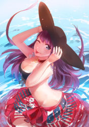 Rule 34 | 1girl, ;p, bikini, blue eyes, breasts, choker, cleavage, cross, fate/grand order, fate (series), hands on headwear, hat, highres, holding, holding clothes, holding hat, huamuan huamuan, long hair, martha (fate), martha (swimsuit ruler) (fate), martha (swimsuit ruler) (first ascension) (fate), one eye closed, partially submerged, purple hair, sarong, solo, swimsuit, tongue, tongue out