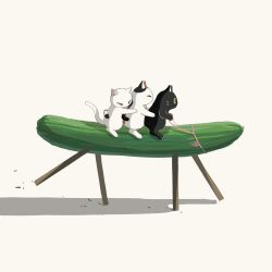 Rule 34 | absurdres, animal focus, avogado6, black cat, cat, cucumber, from side, highres, no humans, original, reins, riding, shouryouuma, simple background, white background, white cat