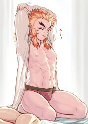 Rule 34 | 1boy, abs, arms up, closed eyes, closed mouth, forked eyebrows, highres, kimetsu no yaiba, male focus, male underwear, marotoskin, multicolored hair, muscular, muscular male, navel, nipples, orange hair, protected link, red hair, rengoku kyoujurou, shirt, solo, underwear, waking up