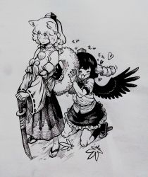 Rule 34 | 2girls, absurdres, animal ears, black hair, black skirt, black wings, blush, commentary request, detached sleeves, embarrassed, closed eyes, feathered wings, fluffy, geta, grey background, greyscale, hat, heart, highres, holding another&#039;s tail, inubashiri momiji, katana, kneeling, leaf, long sleeves, maple leaf, monochrome, multiple girls, open mouth, planted sword, planted, pom pom (clothes), sandals, sendai (nazonomono), shameimaru aya, shirt, short hair, short sleeves, skirt, smile, socks, sword, tail, tengu-geta, tokin hat, touhou, traditional media, translation request, wavy mouth, weapon, white hair, white shirt, wide sleeves, wings, wolf ears, wolf tail