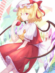 Rule 34 | 1girl, absurdres, adapted costume, apple, artist name, ascot, back bow, blonde hair, bow, closed mouth, collarbone, collared shirt, crystal, feet out of frame, flandre scarlet, food, frilled skirt, frilled sleeves, frills, from side, fruit, hat, hat ribbon, highres, holding, holding food, holding fruit, large bow, mob cap, multicolored background, multicolored wings, nyanaya, one side up, puffy short sleeves, puffy sleeves, red apple, red eyes, red ribbon, red skirt, red vest, ribbon, ribbon-trimmed headwear, ribbon trim, shirt, short sleeves, skirt, skirt set, sleeve ribbon, solo, touhou, vest, white bow, white hat, white shirt, wings, yellow ascot