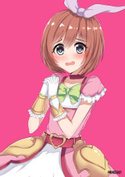 absurdres blue_eyes bow brown_hair frilled_sleeves frills gloves green_bow hair_ribbon heart_belt_buckle highres kurumi_(princess_connect!) own_hands_together princeg07 princess_connect! ribbon sarendia_orphanage short_hair wavy_mouth wide_sleeves