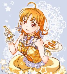 Rule 34 | 1girl, artist name, artist request, bare shoulders, blush, bow, breasts, cleavage, collarbone, dress, female focus, fork, gloves, hair bow, holding, holding fork, holding plate, konro kai, looking at viewer, love live!, love live! sunshine!!, orange dress, orange hair, orange skirt, parted lips, plate, red eyes, short hair, skirt, small breasts, smile, solo, star (symbol), star print, striped, striped bow, takami chika, white bow, white detached collar, white gloves