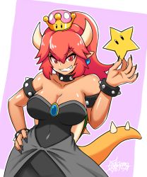 Rule 34 | 1girl, armlet, artist name, bare shoulders, black collar, black dress, black nails, bowsette, bracelet, breasts, brooch, cleavage, collar, collarbone, crown, dark-skinned female, dark skin, dress, earrings, fang, fingernails, grin, hair between eyes, hand on own hip, highres, horns, jewelry, kumo (kumo8159), large breasts, long hair, mario (series), nail polish, new super mario bros. u deluxe, nintendo, outline, pointy ears, ponytail, red eyes, red hair, sharp fingernails, smile, solo, spiked armlet, spiked bracelet, spiked collar, spikes, star (symbol), strapless, strapless dress, super crown, tail, thick eyebrows, turtle shell, v-shaped eyebrows, white outline