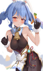 Rule 34 | 1girl, absurdres, animal ear fluff, animal ears, bare arms, bare shoulders, bell, black gloves, blue hair, blush, bodice, bodysuit, bodysuit under clothes, braid, breasts, brown bodysuit, carrot hair ornament, closed mouth, cosplay, cowbell, cowboy shot, detached collar, duplicate, food-themed hair ornament, fur-trimmed gloves, fur trim, ganyu (genshin impact), ganyu (genshin impact) (cosplay), genshin impact, gloves, gold trim, gradient eyes, hair intakes, hair ornament, hands up, highres, hololive, medium breasts, multicolored eyes, neck bell, orange eyes, pelvic curtain, pixel-perfect duplicate, rabbit-shaped pupils, rabbit ears, rabbit girl, shiny clothes, shiny skin, sidelocks, simple background, solo, swept bangs, symbol-shaped pupils, thick eyebrows, thighs, twin braids, usada pekora, virtual youtuber, vision (genshin impact), white background, yamamoto (ymmt is sexy)