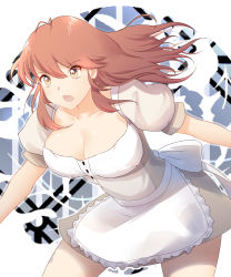 Rule 34 | 1girl, apron, bad id, bad pixiv id, beige dress, breasts, brown eyes, brown hair, cleavage, collarbone, cowboy shot, dress, earrings, eyes visible through hair, hair between eyes, highres, jewelry, large breasts, looking afar, open mouth, original, shiny skin, short dress, short sleeves, solo, thighs, waist apron, waitress, x&amp;x&amp;x
