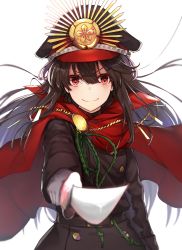 Rule 34 | 1girl, belt, belt buckle, black belt, black cola, black hat, black jacket, blurry, blurry foreground, blush, brown hair, buckle, cape, closed mouth, commentary request, crest, depth of field, family crest, fate/grand order, fate (series), gloves, hair between eyes, hat, highres, holding, holding sword, holding weapon, jacket, koha-ace, long hair, long sleeves, looking at viewer, military, military hat, military jacket, military uniform, oda nobunaga (fate), oda nobunaga (koha-ace), oda uri, outstretched arm, peaked cap, red cape, red eyes, smile, solo, sword, uniform, very long hair, weapon, white background, white gloves
