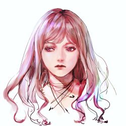 Rule 34 | 1girl, closed mouth, commentary request, copyright request, cropped shoulders, facing viewer, highres, lips, long hair, looking at viewer, pink eyes, portrait, sideways glance, simple background, sketch, solo, squinting, tanu0706, white background