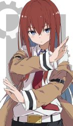 Rule 34 | 1girl, belt, black shorts, blue eyes, blush, breasts, brown hair, brown jacket, closed mouth, collared shirt, commentary, cowboy shot, crossed arms, gears, grey background, hair between eyes, highres, jacket, long hair, long sleeves, looking at viewer, makise kurisu, necktie, off shoulder, open clothes, open jacket, rauto, red necktie, shirt, shirt tucked in, shorts, simple background, small breasts, solo, steins;gate, straight hair, white background, white belt, white shirt, wing collar