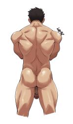 Rule 34 | 1boy, ass, back, back focus, back muscles, bara, black hair, completely nude, cropped legs, crossed arms, facing away, flaccid, from behind, highres, male focus, muscular, muscular male, nude, original, penis, shirako (kirupi), solo, sparse ass hair, spiked hair, standing, straight-on, uncensored