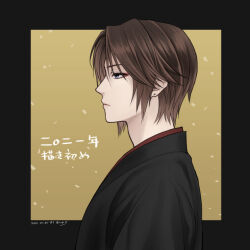 Rule 34 | 1boy, alternate costume, black kimono, blue eyes, brown hair, commentary request, dated, earrings, expressionless, eyeshadow, facing to the side, final fantasy, final fantasy viii, hiryuu (kana h), japanese clothes, jewelry, kimono, looking to the side, makeup, male focus, red eyeshadow, scar, scar on face, short hair, signature, solo, squall leonhart, stud earrings, translation request, upper body, yellow background