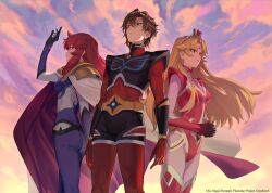 1boy 2girls armor artist_request blonde_hair blue_eyes bodysuit breasts brown_hair cape duke_fleed gloves grendizer_u hair_ornament long_hair makeup mazinger_(series) multiple_girls official_art pilot_suit red_bodysuit red_hair rubina_beryl_vega shirabi short_hair shoulder_armor sideburns skin_tight sky sunset teronna_aqua_vega ufo_robo_grendizer yellow_eyes