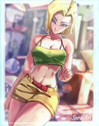 Rule 34 | 1girl, absurdres, android 18, artist name, blonde hair, blue eyes, blurry, breasts, camisole, cleavage, commentary, cosplay, crop top, dragon ball, dragon ball (classic), dragonball z, dutch angle, green camisole, groin, heart, highres, large breasts, lunch (dragon ball), lunch (dragon ball) (cosplay), midriff, navel, number tattoo, sarulart, shirt tug, short shorts, shorts, smile, solo, symbol-only commentary, tattoo, yellow shorts