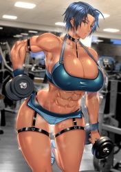 Rule 34 | 1girl, abs, ahoge, anima (togashi), blue eyes, blue hair, bra, breasts, ceiling light, choker, covered erect nipples, dark-skinned female, dark skin, dumbbell, exercising, gym, highres, huge breasts, lights, lips, muscular, muscular female, nike (company), nipples, original, shoes, sneakers, solo, sports bra, steam, steaming body, sweat, sweatdrop, thick thighs, thigh strap, thighs, treadmill, underwear, weightlifting
