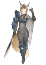 Rule 34 | 1girl, animal ears, armor, blush, bodysuit, cloak, covered navel, closed eyes, fox ears, fox tail, gloves, greaves, green eyes, headband, highres, holding, holding sword, holding weapon, n9+, navel, original, pauldrons, short hair, shoulder armor, simple background, solo, sword, tail, tight clothes, vambraces, weapon, white background