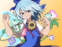 Rule 34 | 1girl, animal on arm, blue bow, blue eyes, blue flower, blue hair, bow, cirno, flower, frog, gradient background, grin, hair bow, highres, ice, ice wings, looking at viewer, orange background, pink flower, shinmon akika, short hair, short sleeves, smile, sunflower, tanned cirno, touhou, upper body, wings